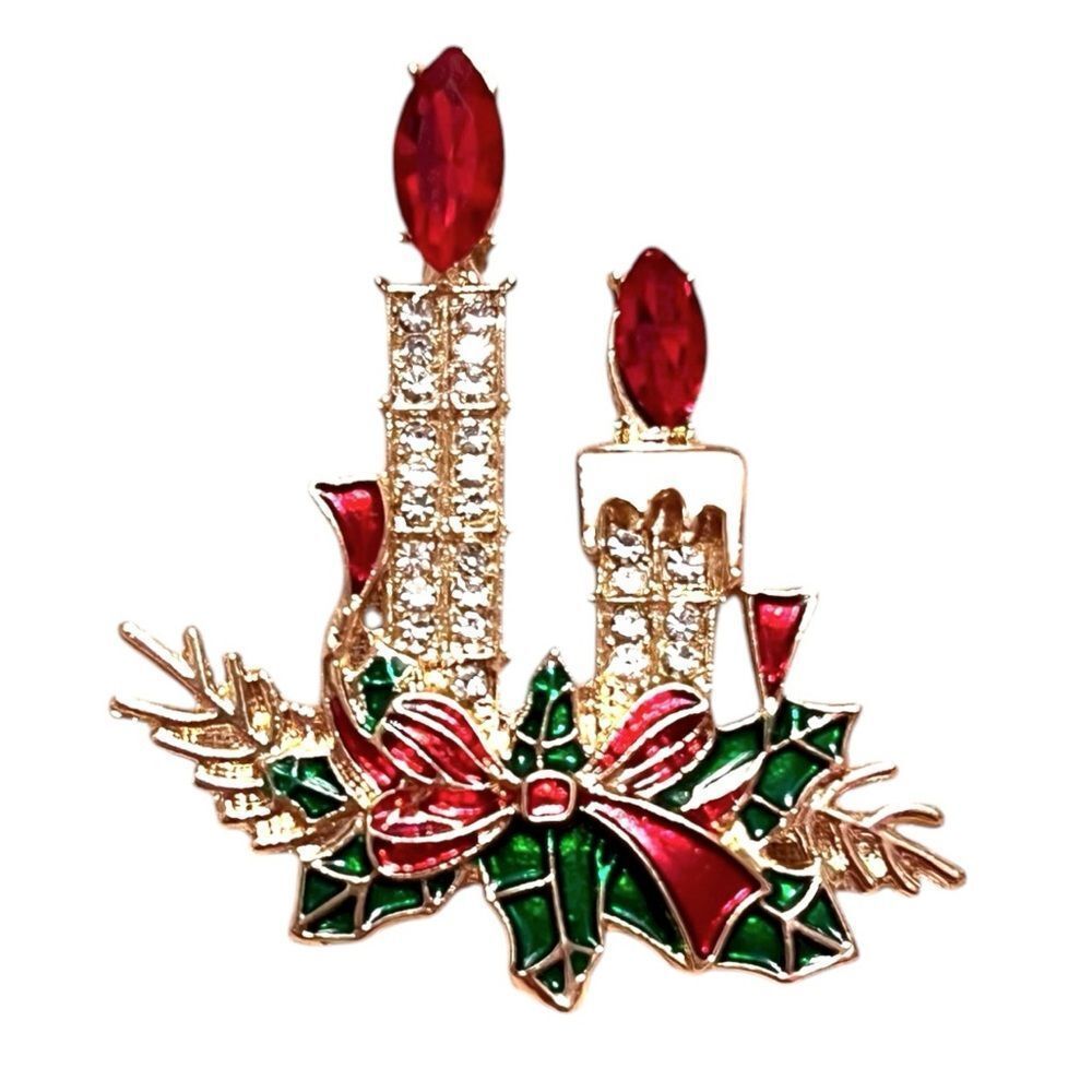 🤯5/$25🤯 Festive Red And Clear Crystal Candle Christmas Gold Brooch